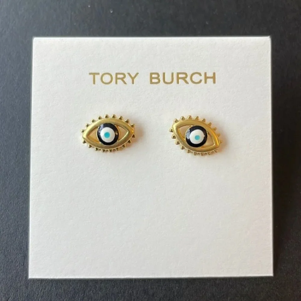 Tory Burch Gold Tone Evil Eye Stud Earrings On Original Card
